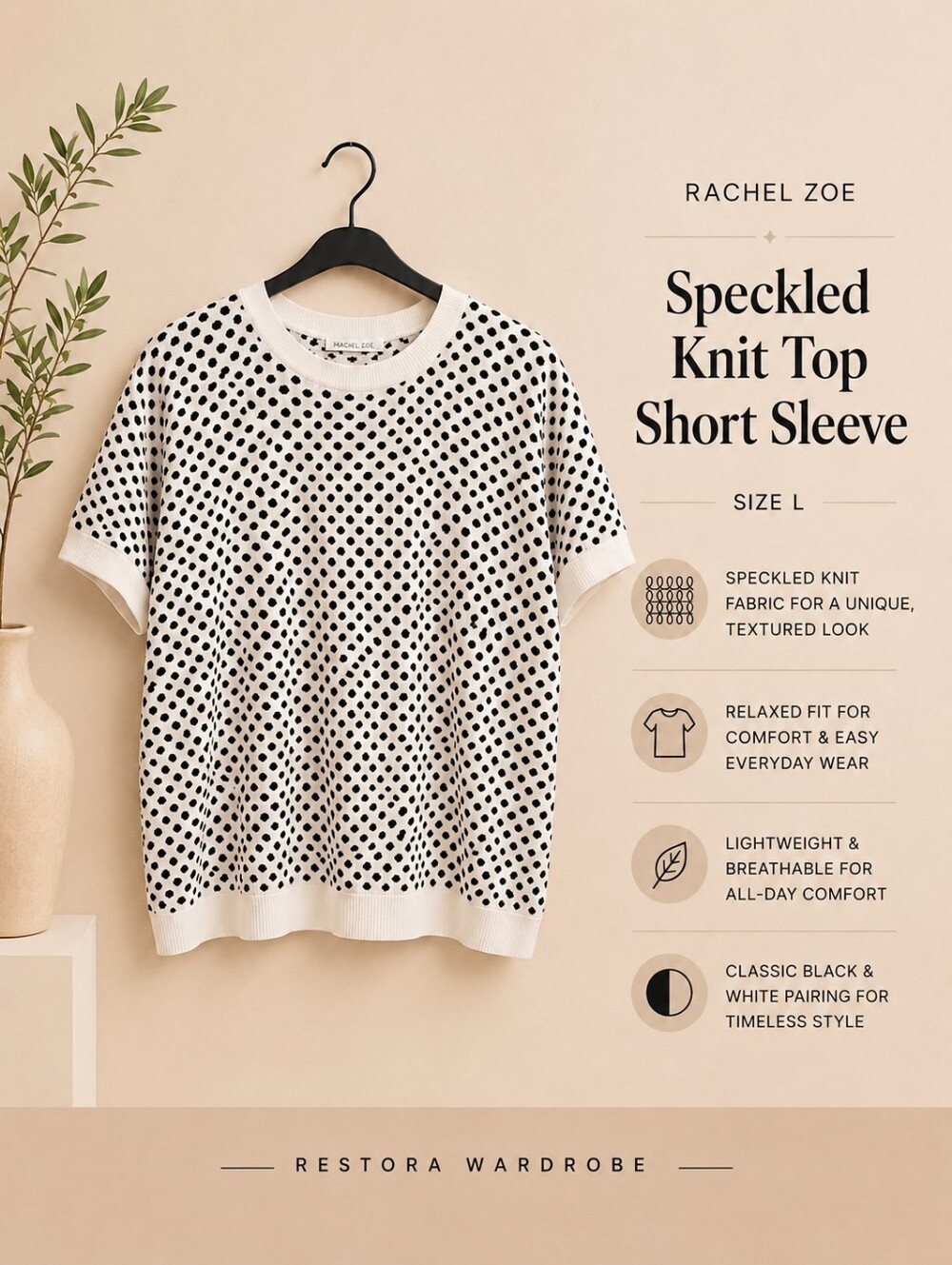 Rachel Zoe Black White Polka Dot Knit Short Sleeve Sweater Top Size L